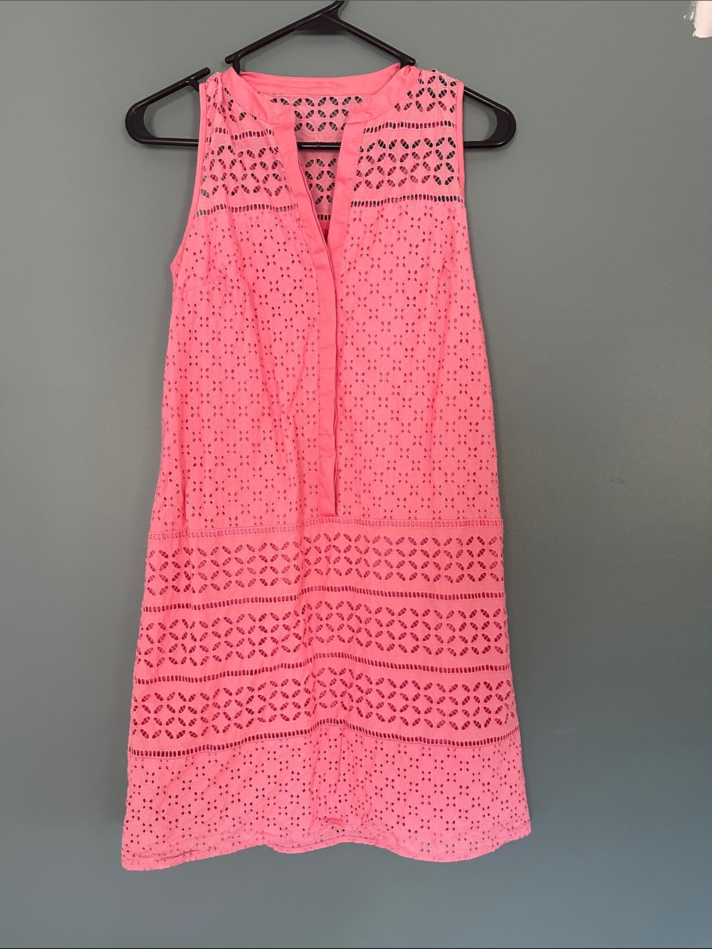 Loft 100% cotton coral 🪸 bright Pink patterned Eyelet summer Shift Dress sz 0